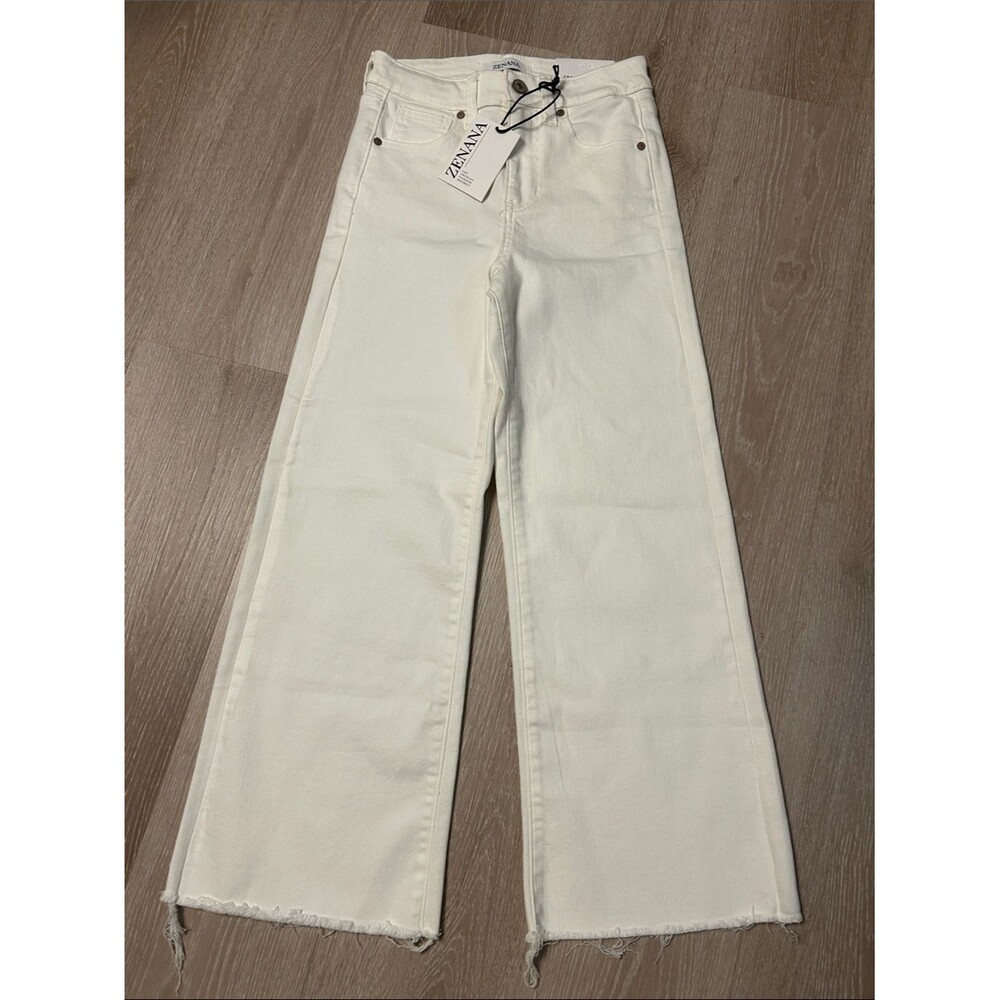 Zenana High Rise Wide Leg Raw Hem Cropped White Denim Jeans Sz 25